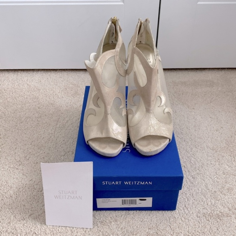 Stuart Weitzman Women's Heels Chickster Naked‎ Seda Suede Ivory Mesh Size 10